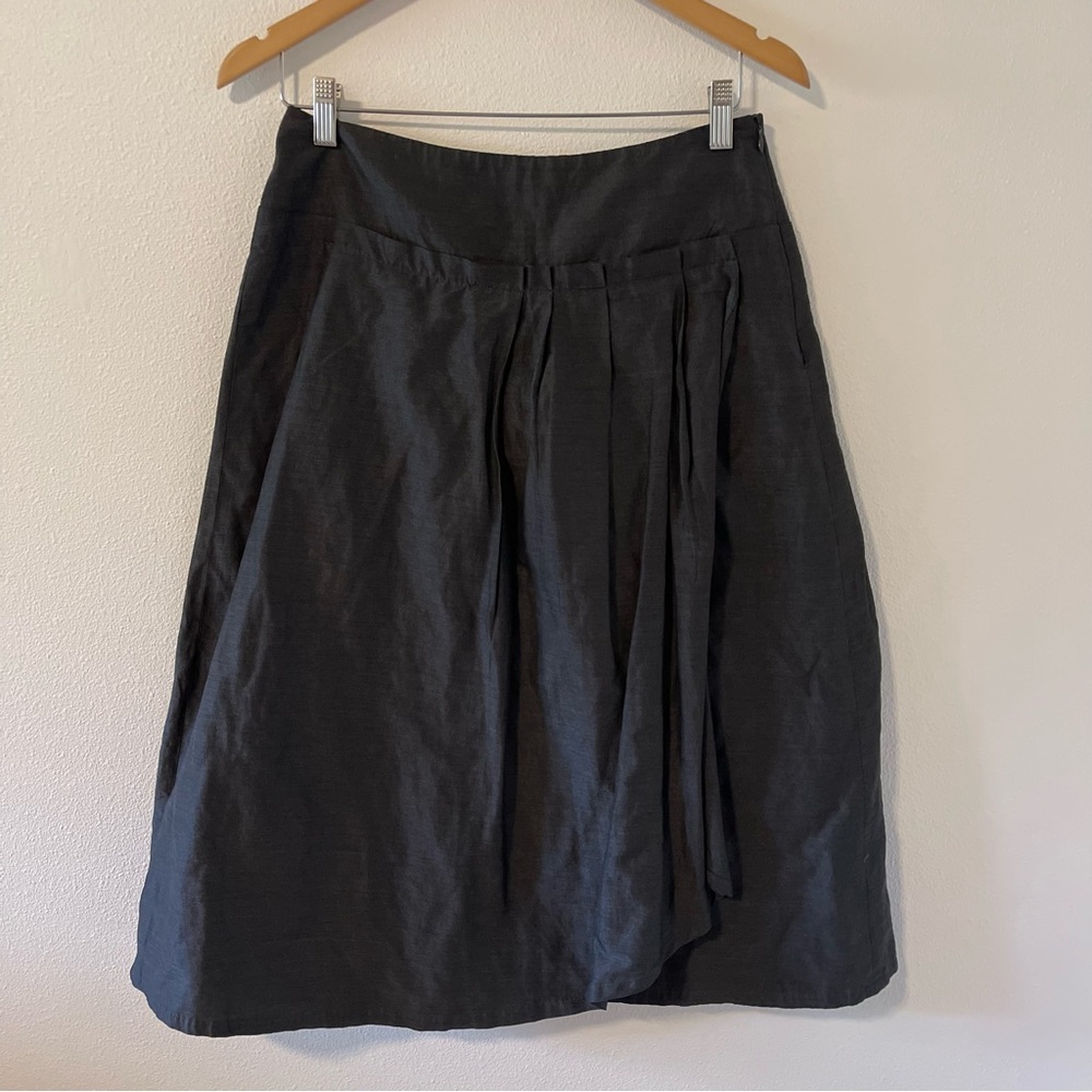 Max Mara Metallic Wool Blend A-Line Midi Skirt Charcoal Gray Pleat Overlay-8